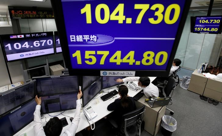 © Reuters. Employees of a foreign exchange trading company work under a monitor displaying the Japanese yen's exchange rate against the U.S. dollar and Japan's Nikkei average in Tokyo