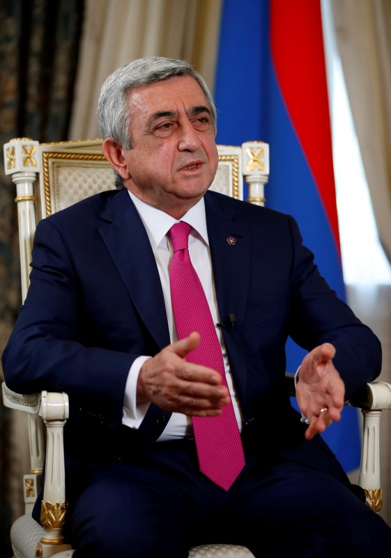 © Reuters. Armenia's President Sargsyan speaks during interview in Yerevan