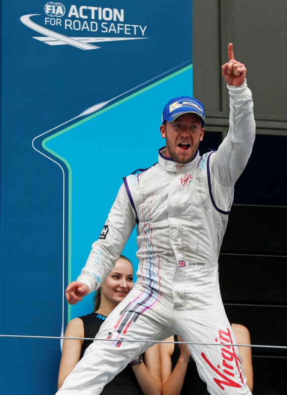 © Reuters. Virgin Racing driver Bird of Britain celebrates after winning the Formula E Championship race in Putrajaya