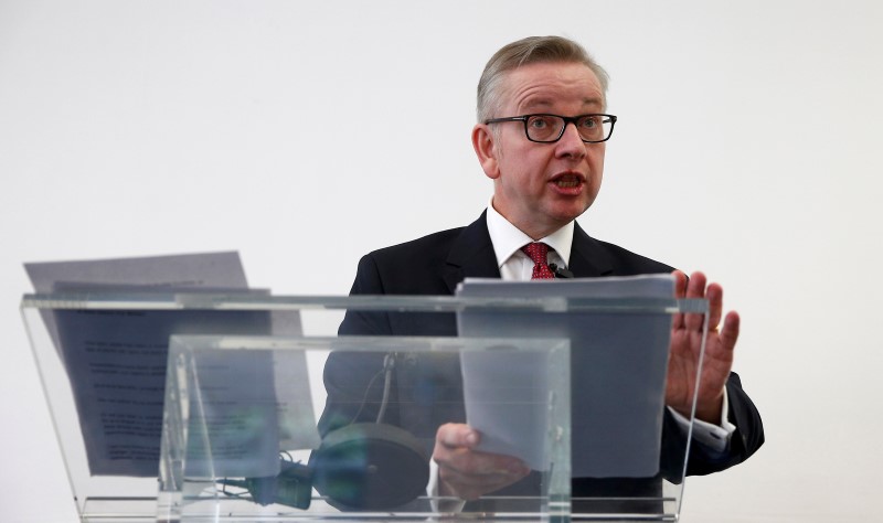 © Reuters. Britain's Justice Secretary, Michael Gove, delivers his speech after announcing his bid to become Conservative Party leader, in London