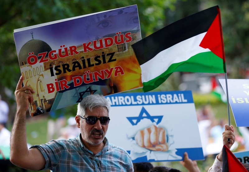 © Reuters. Demonstrators hold anti-Israeli placards and a Palestinian flag during a demonstration to mark the annual al-Quds Day, or Jerusalem Day, during the Muslim holy month of Ramadan in Istanbul