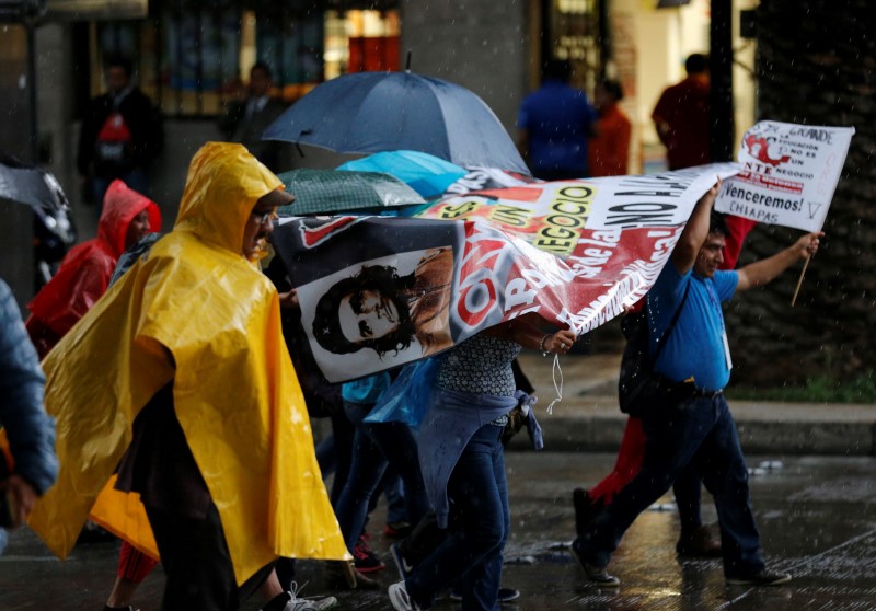 © Reuters. People from civil organizations and protesters from the CNTE teachers’ union shelter from the rain with a banner and umbrellas as they take part in a march against President Enrique Pena Nieto's education reform, in Mexico City