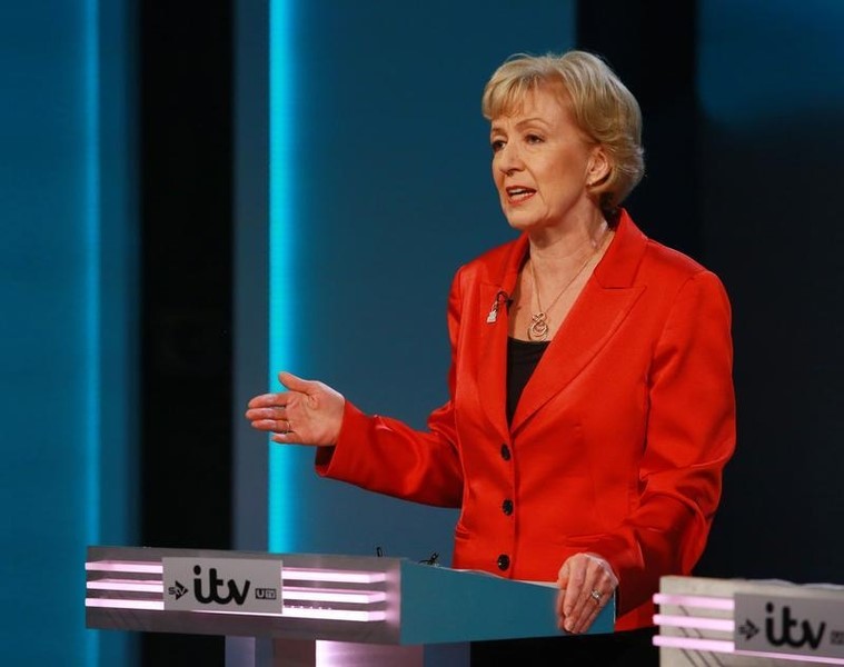 © Reuters. Energy Minister Andrea Leadsom speaks during the "The ITV Referendum Debate" at the London Television Centre in Britain