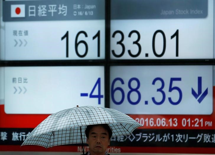 © Reuters. A pedestrian holding an umbrella walks past an electronic board showing Japan's Nikkei share average outside a brokerage in Tokyo