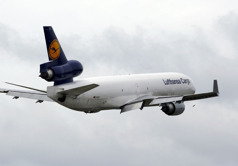 © Reuters. Bird is seen near the turbine of a McDonnell-Douglas MD-11 jet of Lufthansa Cargo AG flying above the tarmac of the Yemelyanovo International Airport, on its way to Frankfurt from Beijing and Seoul, outside the Siberian city of Krasnoyarsk