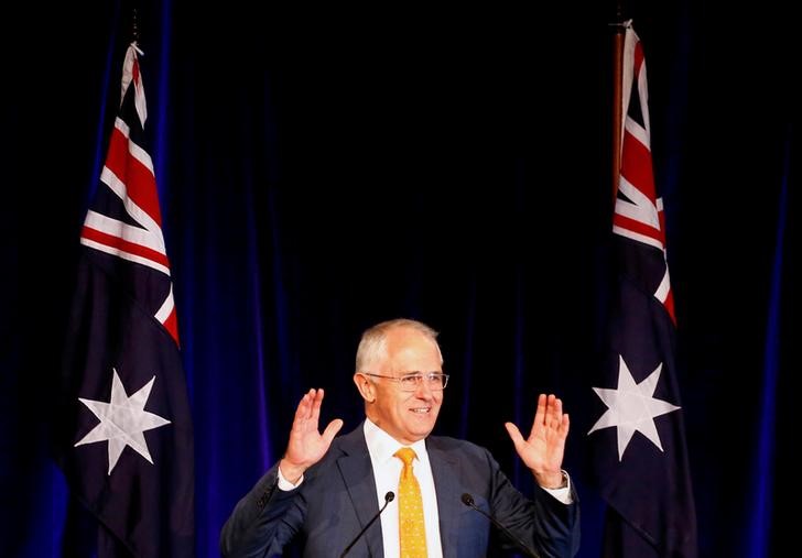 © Reuters. Australian Prime Minister Turnbull reacts as he speaks during an official function for the Liberal Party during the Australian general election in Sydney, Australia