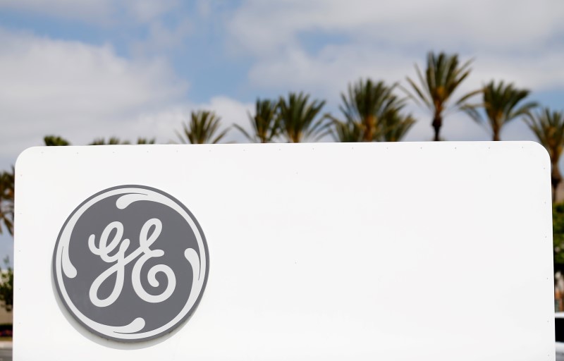 © Reuters. The logo of Down Jones Industrial Average stock market index listed company General Electric