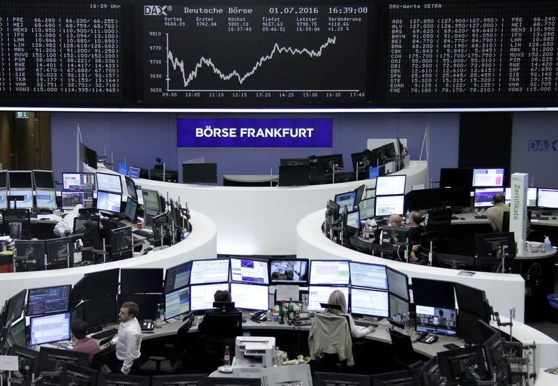 © Reuters. Traders work at their desks in front of the German share price index, DAX board, at the stock exchange in Frankfurt