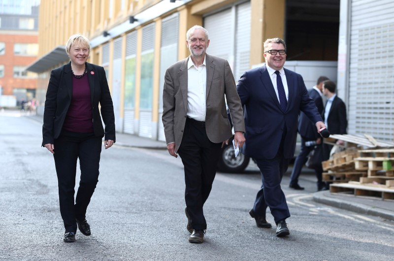 © Reuters. File photograph of Britain's opposition Labour Party leader Jeremy Corbyn, deputy leader Tom Watson and Shadow First Secretary of State Angela Eagle in London