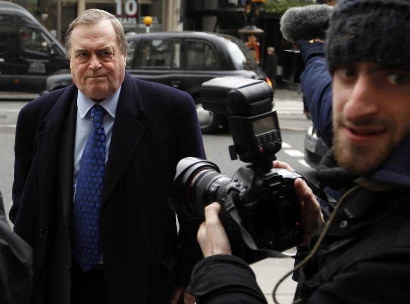 © Reuters. Britain's former Deputy Prime Minister John Prescott, returns to the Leveson Inquiry into the culture, practices and ethics of the media at the High Court in central London