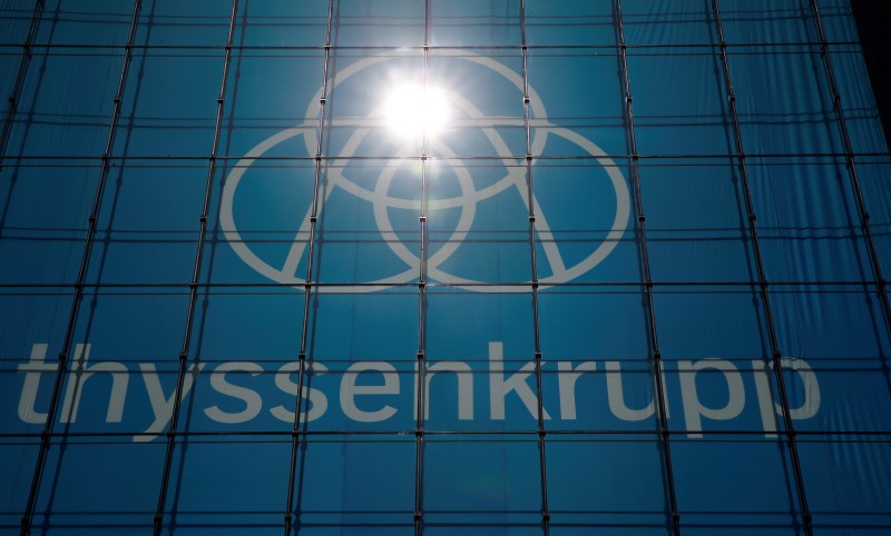 © Reuters. The new logo of ThyssenKrupp is seen at the headquarters of the steel maker and multinational conglomerate in Essen