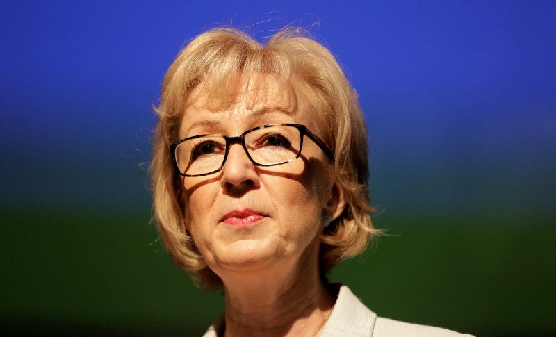 © Reuters. File photograph of Andrea Leadsom speaking at a news conference in central London