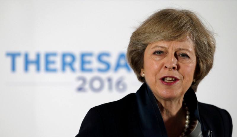 © Reuters. Britain's Home Secretary Theresa May speaks during her Conservative party leadership campaign at the Institute of Engineering and Technology in Birmingham