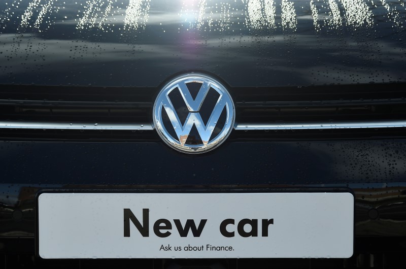 © Reuters. File photo of signage for a new Volkswagen car seen at a dealership in London