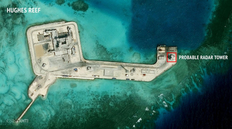 © Reuters. CSIS Asia Maritime Transparency Initiative/DigitalGlobe satellite image of construction of possible radar tower facilities in the Spratly Islands in the disputed South China Sea