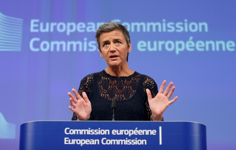 © Reuters. EU Competition Commissioner Vestager holds a news conference in Brussels