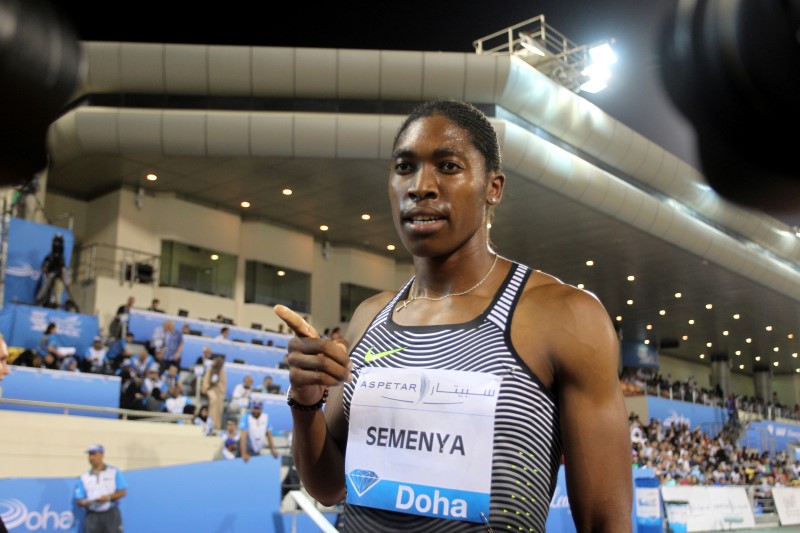 © Reuters. Caster Semenya of South Africa celebrates after winning the Women's 800 event at the IAAF Diamond League athletics meet in Doha, Qatar