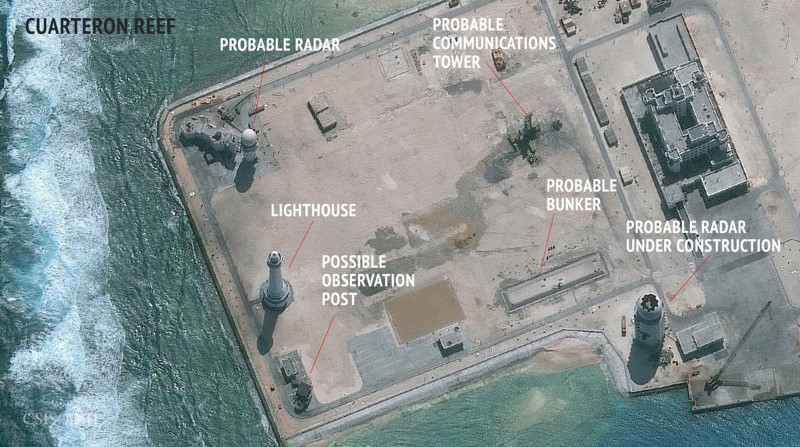 © Reuters. CSIS Asia Maritime Transparency Initiative/DigitalGlobe satellite image of construction of possible radar tower facilities in the Spratly Islands in the disputed South China Sea