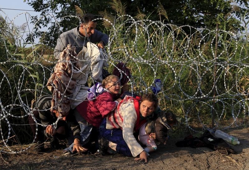 © Reuters. Syrian migrants cross under a fence as they enter Hungary at the border with Serbia, near Roszke