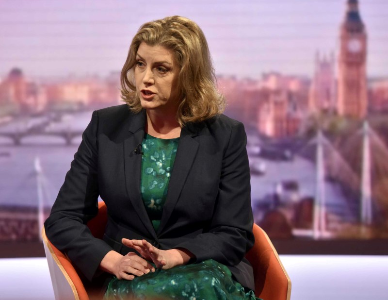 © Reuters. Britain's Minister of State for The Armed Forces Penny Mordaunt is seen speaking on the BBC's Andrew Marr Show in this photograph received via the BBC in London