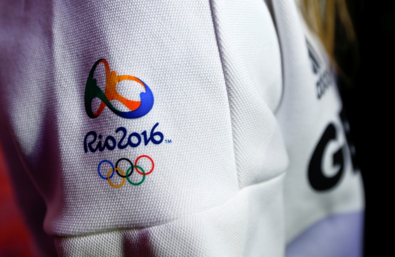 © Reuters. The logo of the Rio 2016 Olympic Summer Games is pictured during Germany's presentation of the official Olympic uniforms in Duesseldorf