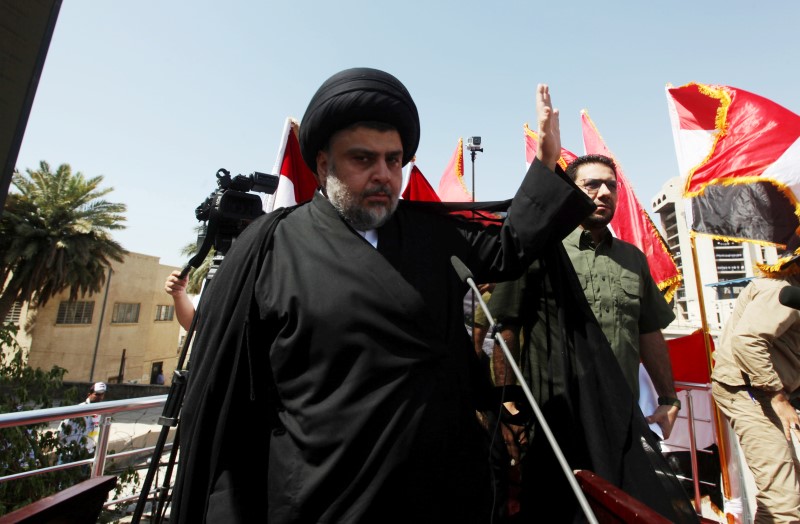 © Reuters. Iraqi Shi'ite cleric Moqtada al-Sadr is seen during a protest against corruption at Tahrir Square in Baghdad