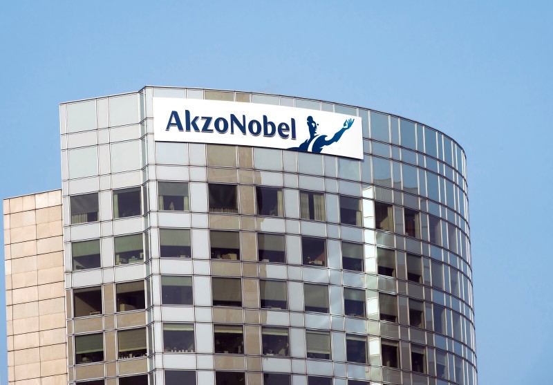 © Reuters. The sign of AkzoNobel is pictured at its headquarters in Amsterdam