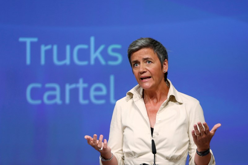 © Reuters. EU Competition Commissioner Vestager holds a news conference in Brussels