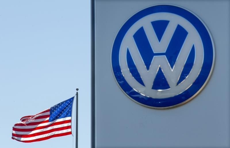 © Reuters. An American flag flies next to a Volkswagen car dealership in San Diego, California