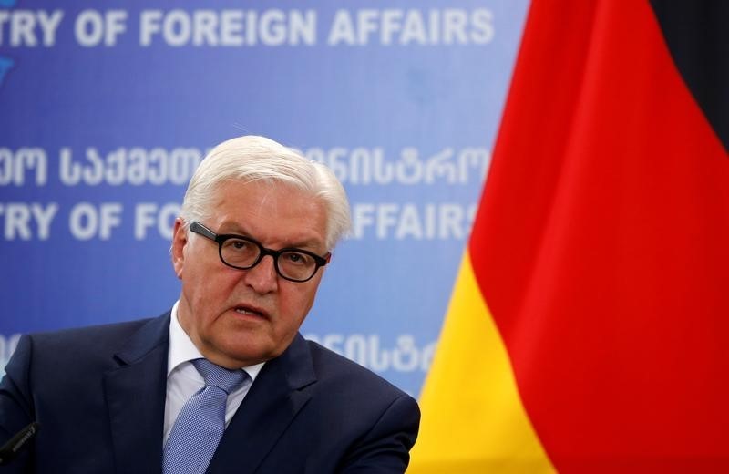© Reuters. German Foreign Minister Steinmeier speaks during a news conference in Tbilisi