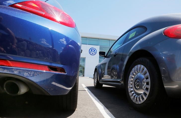 © Reuters. New Volkswagen vehicles are parked with their exhaust pipes facing the street at a dealership in Medford