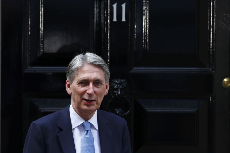 © Reuters. Britain's new Chancellor of the Exchequer, Philip Hammond, waits to greet U.S. Treasury Secretary Jack Lew, at number 11 Downing Street in London