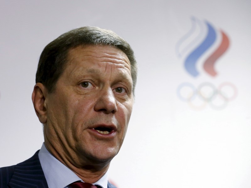 © Reuters. Russian Olympic Committee head Alexander Zhukov addresses journalists after an extraordinary meeting on issues, connected with Russian athletics team and federation, and held by the executive committee of the Russian Olympic Committee in Moscow