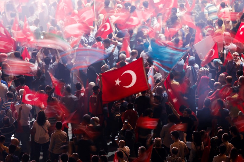 © Reuters. Manifestantes segurando bandeiras turcas em Istambul