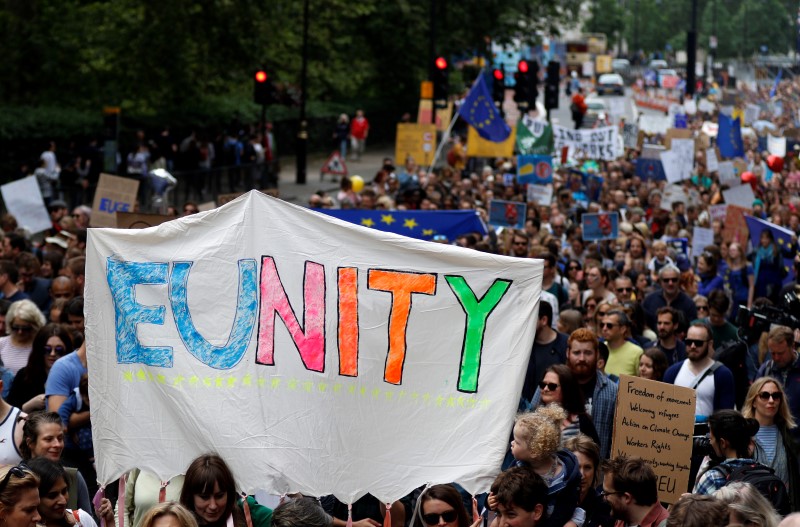 © Reuters. People hold banners during a demonstration against Britain's decision to leave the European Union, in central London