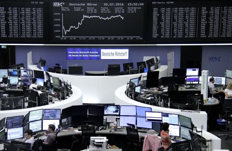 © Reuters. Traders work at their desks in front of the German share price index, DAX board, at the stock exchange in Frankfurt