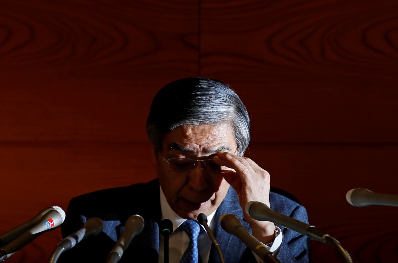 © Reuters. Bank of Japan Governor Kuroda touches his glasses during a news conference at the BOJ headquarters in Tokyo