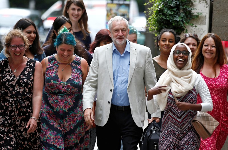 © Reuters. Leader of the Labour Party, Jeremy Corbyn, arrives at the launch of his new leadership campaign while flanked by young Labour supporters, at the Institute of Education in London