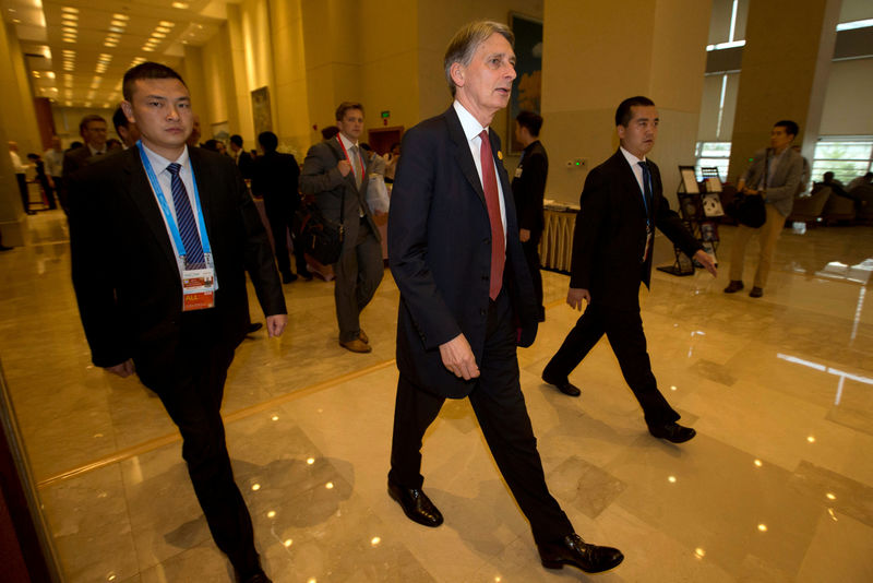 © Reuters. Britain's Chancellor of the Exchequer Philip Hammond walks to a meeting during the G20 Finance Ministers and Central Bank Governors conference held in Chengdu in Southwestern China's Sichuan province