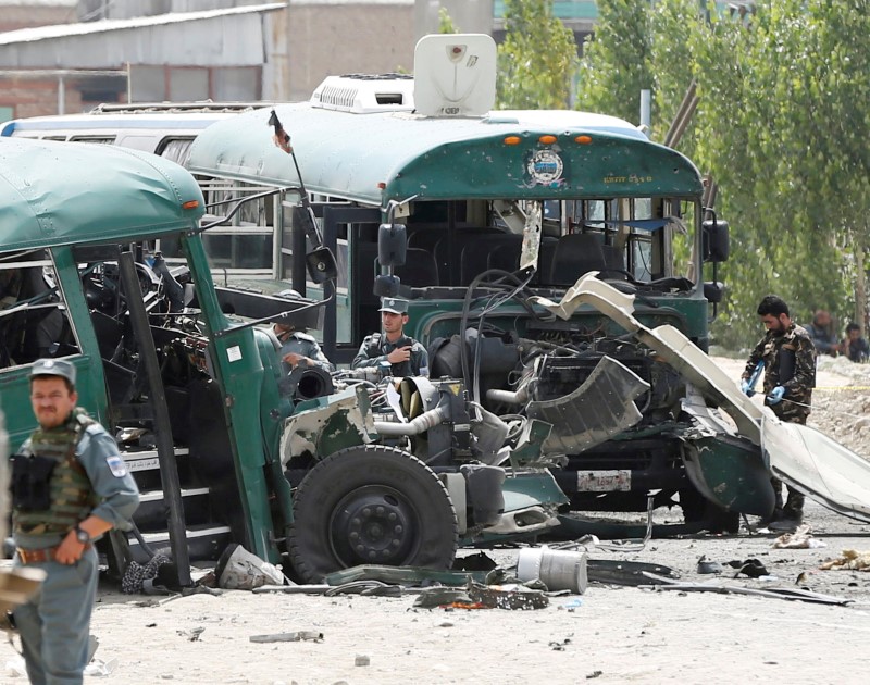 © Reuters. Afghan security forces inspect the damage caused by a suicide bombers at the site of the attackon the western outskirts of Kabul