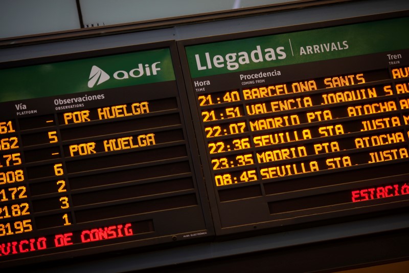 © Reuters. An information board displays cancelled Renfe's trains at Malaga Maria Zambrano train station