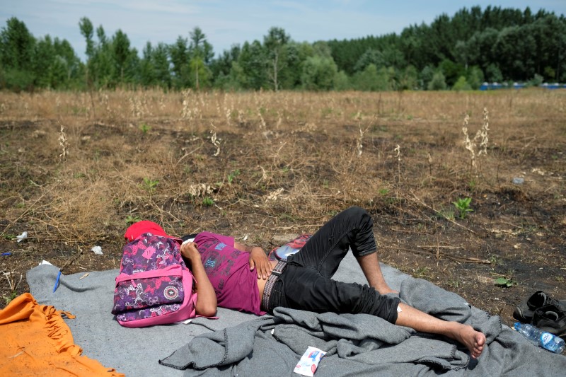 © Reuters. A migrant from Afghanistan rests on a field near the Serbian-Hungarian border fence during a hunger strike near the village of Horgos