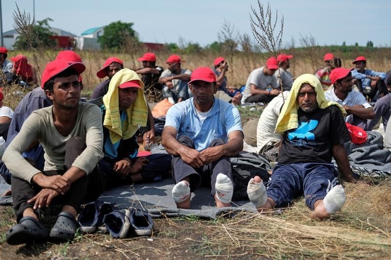 © Reuters. مهاجرون على الحدود بين صربيا والمجر يضربون عن الطعام