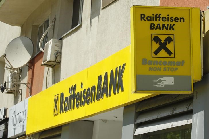 © Reuters. The Raiffeisen Bank logo is seen in downtown Bucharest
