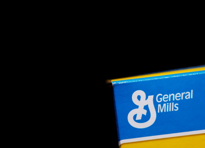 © Reuters. The General Mills logo is seen on a box of cereal in Evanston