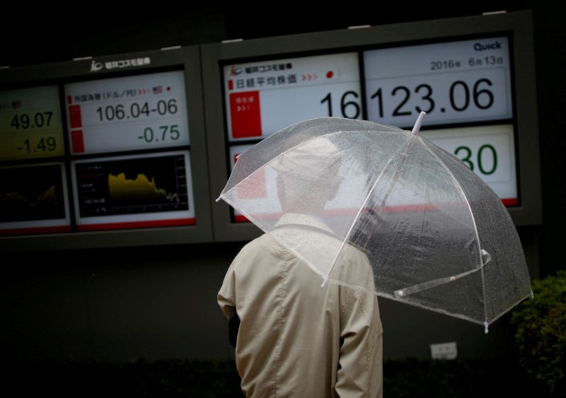 © Reuters. A man looks at an electronic board showing the recent exchange rate between Japanese yen against the U.S. dollar and Japan's Nikkei average outside a brokerage in Tokyo