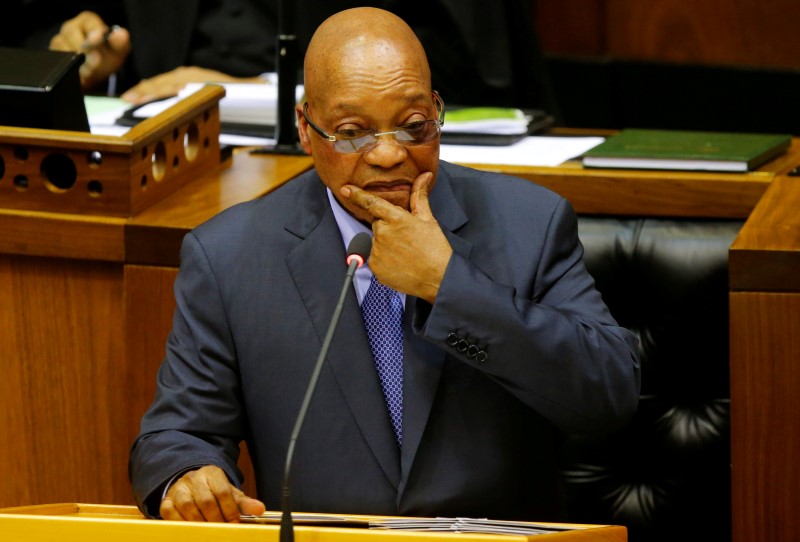 © Reuters. President Jacob Zuma answers questions at Parliament in Cape Town