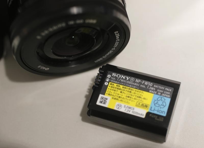 © Reuters. Sony's lithium-ion battery for its digital camera is seen during a photo opportunity at its showroom in Tokyo