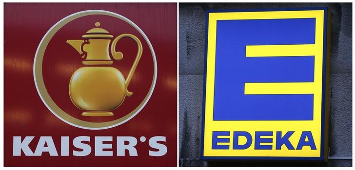© Reuters. A combination of two pictures show the logo of grocery chain Kaiser's and Edeka in Berlin