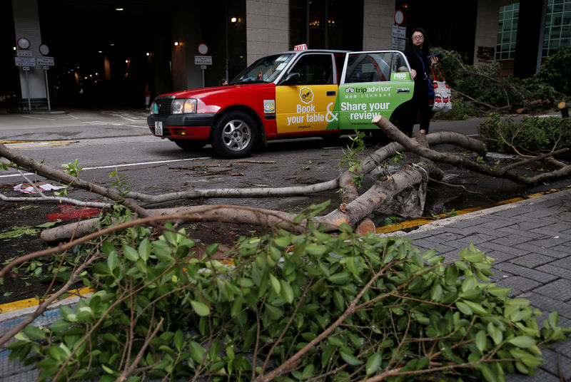 © Reuters. A woman gets off from a taxi next to uprooted trees after Typhoon Nida hit Hong Kong, China